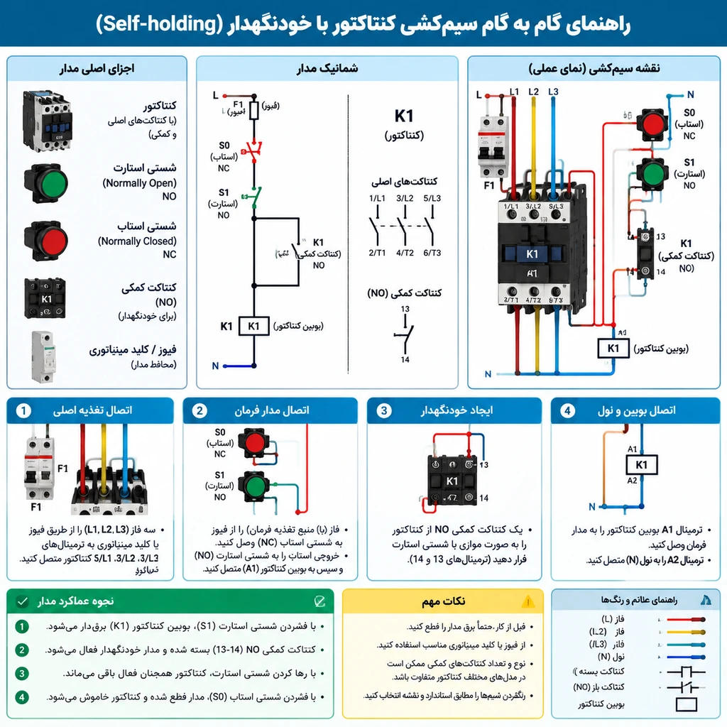 راهنمای گام‌ به‌ گام سیم‌کشی کنتاکتور با خودنگهدار (Self-holding)